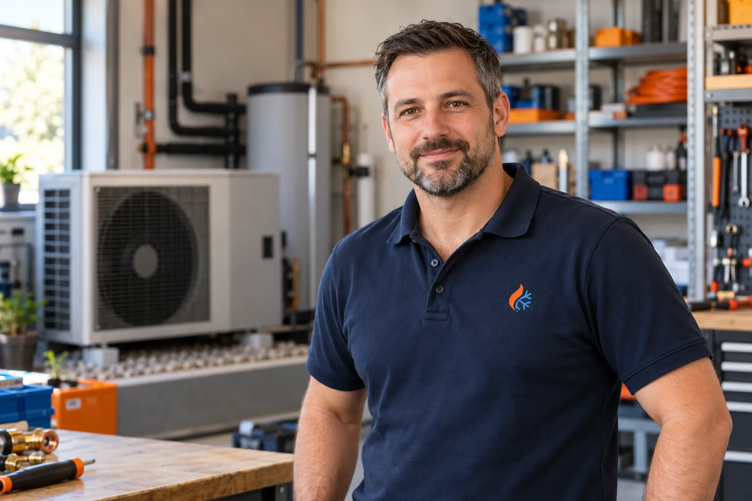 Daniel Kessler, Inhaber, in der Werkstatt vor einem Wärmepumpen-Außengerät